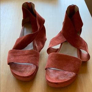 Eileen Fisher coral suede platform sandals.